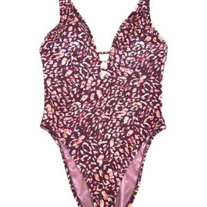 Shade & Shore Animal Print One-Piece Swimsuit – Deep Plunge, Size Large